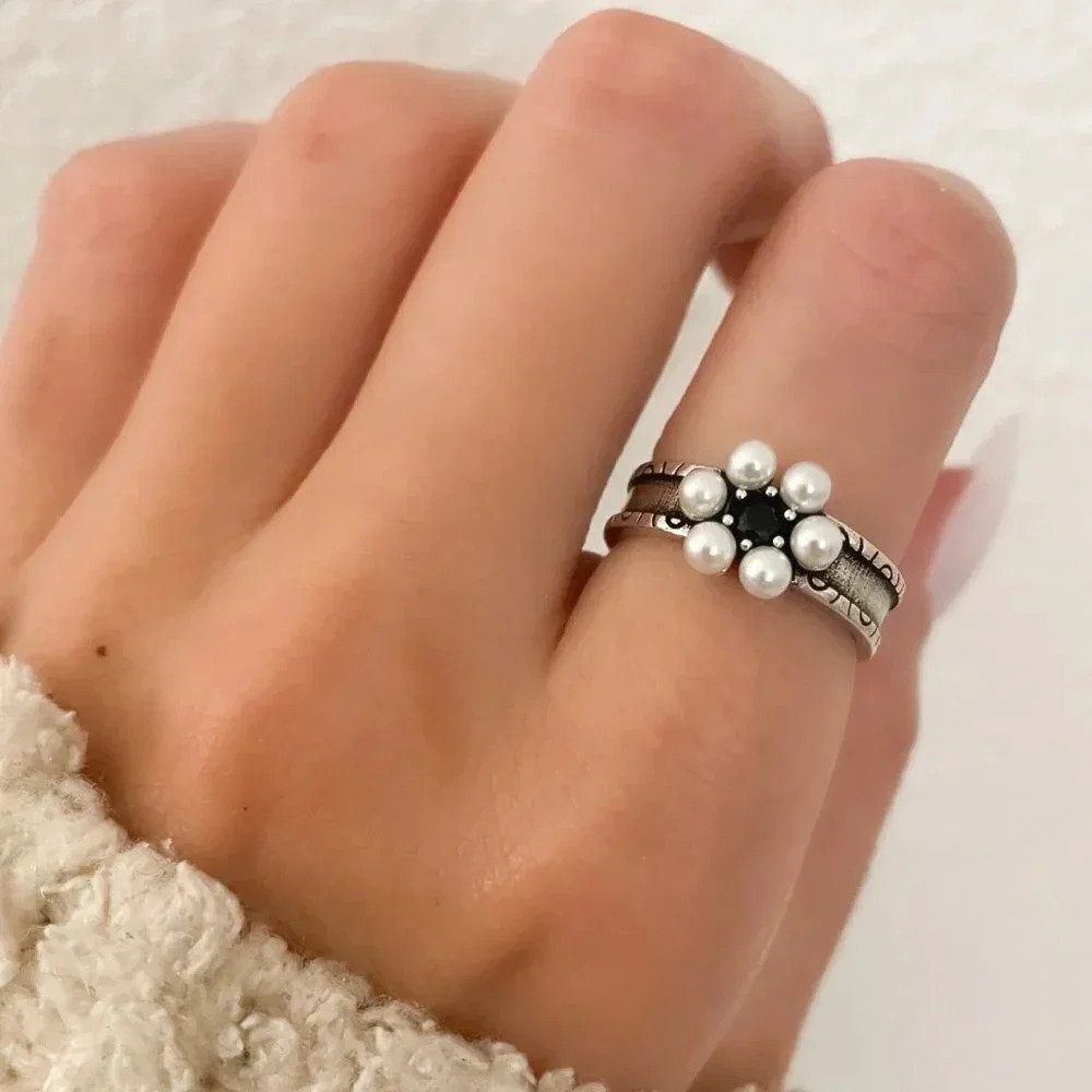 925 Sterling Silver Minimalist Ring Pearl Flower Ring Dainty Pearl Ring